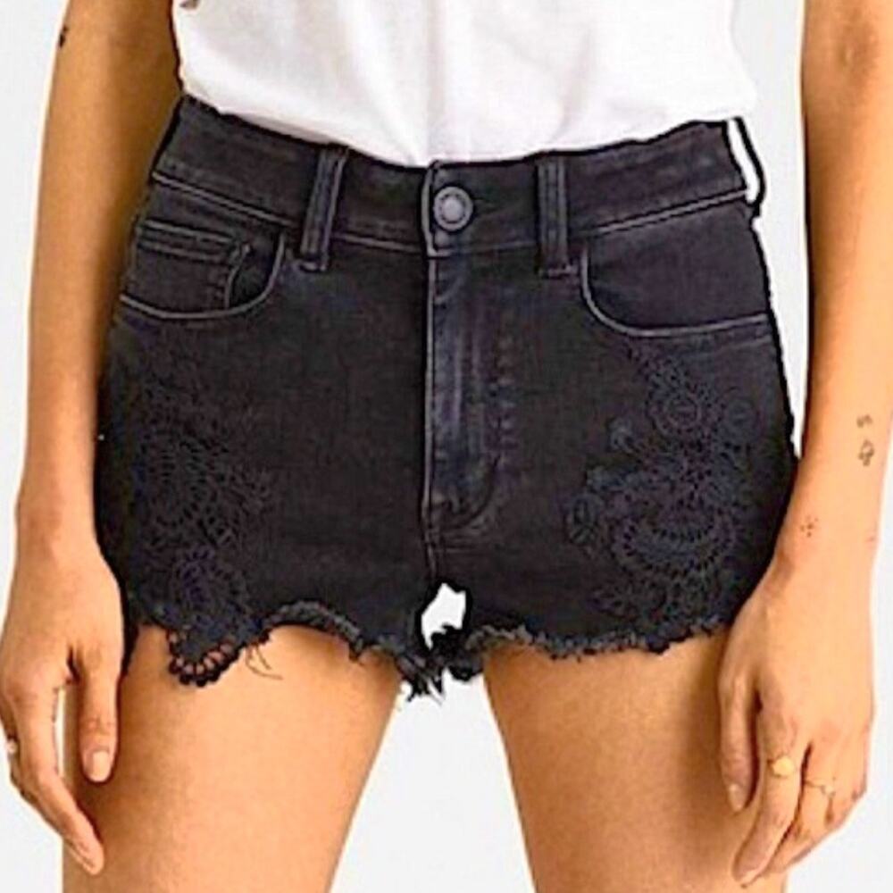 American Eagle Women Black Denim Lace shorts 14 Whimsy Fairy Grunge Shredded
